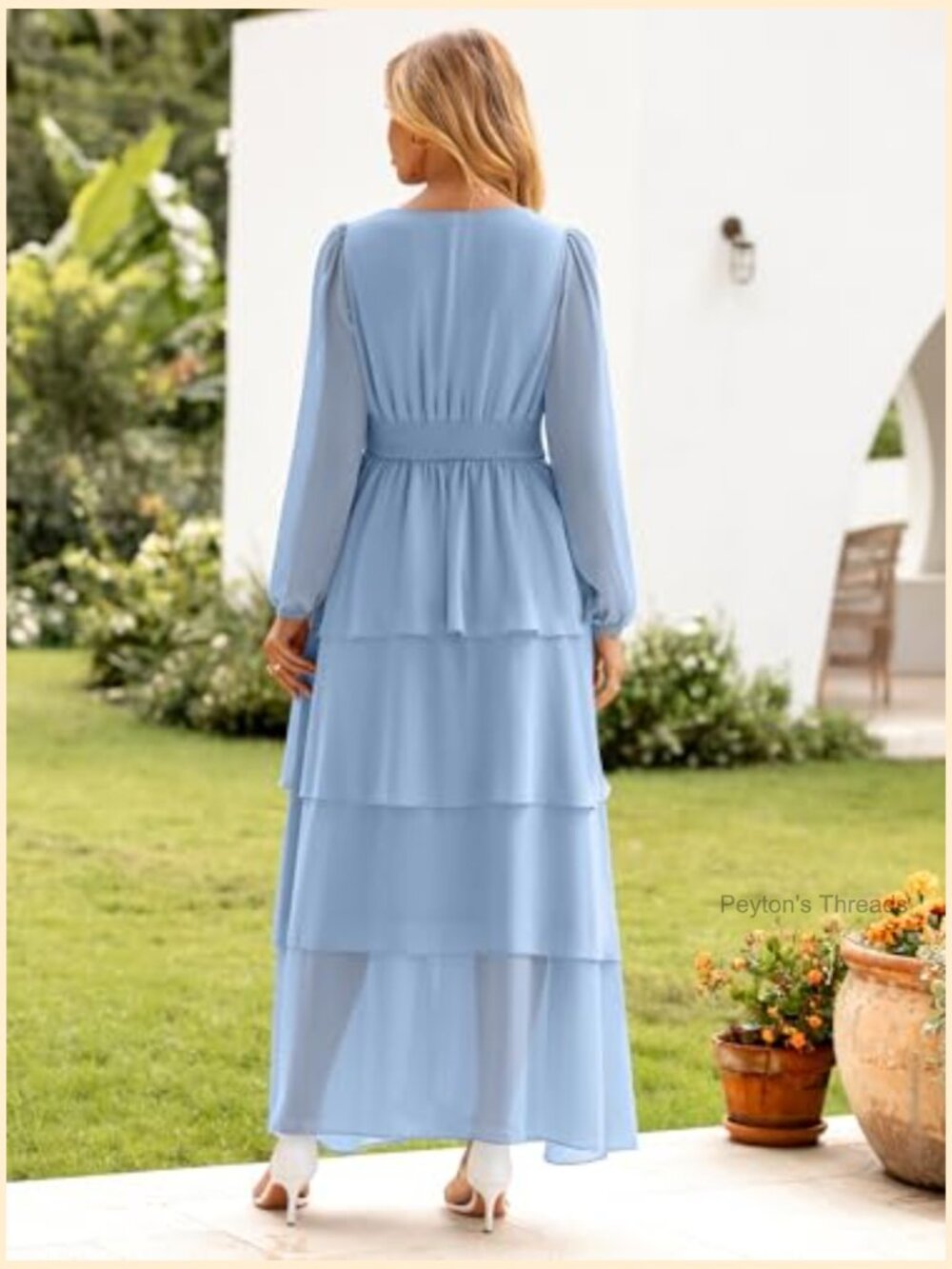 Flowy Maxi Dress Chiffon Long Sleeve Slit V Neck Ruffle Tiered Boho Fall - Picture 6 of 7